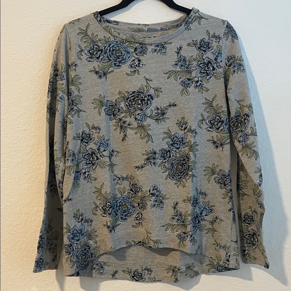 LOFT Gray Floral Long Sleeve Top